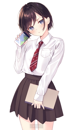 Anime girl in school uniform holding a drink and books