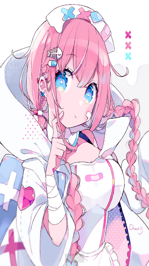 Anime nurse girl with pink hair and blue eyes