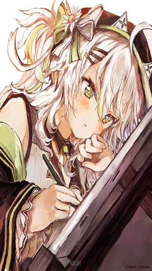 Anime girl with white hair and green accents drawing