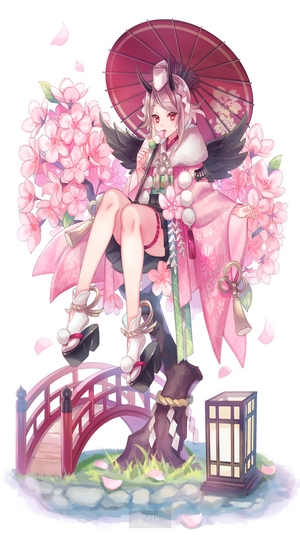 Anime girl with horns and wings in kimono with umbrella