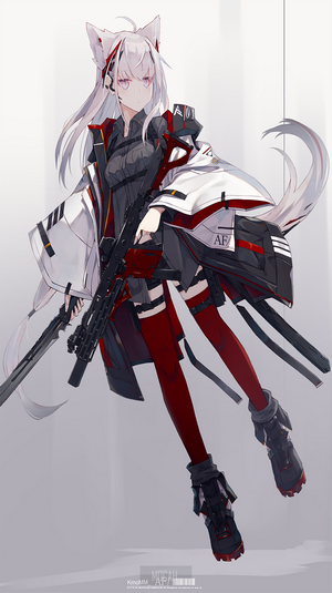 Anime girl with white hair and wolf ears holding a rifle