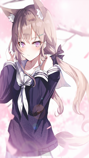 Anime girl with cat ears and pink cherry blossoms