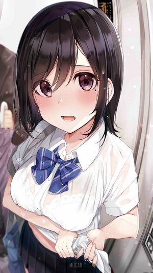 Anime girl in wet school uniform