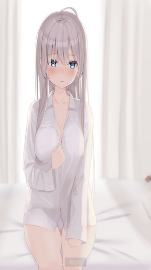 Blushing Anime Girl in White Shirt