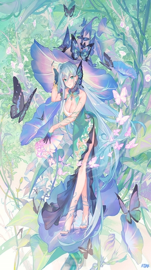 Anime girl with butterflies and flowers