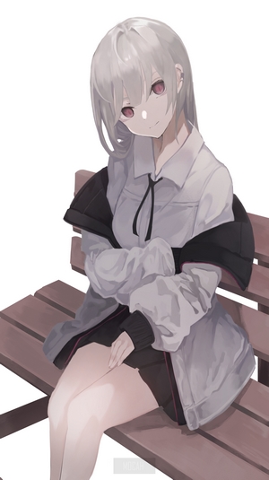 Anime girl with white hair and red eyes sitting on a bench