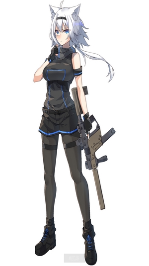 Anime girl with white hair and cat ears holding a rifle
