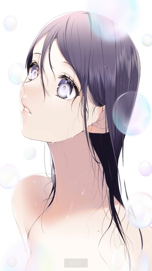 Anime girl with purple hair and large eyes in bubbles