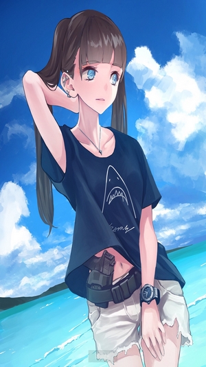 Anime Girl by the Seaside with Pistol