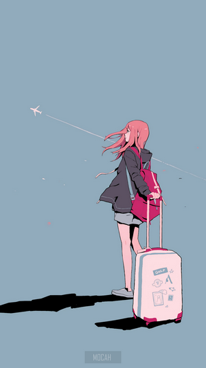 Anime girl with suitcase and airplane