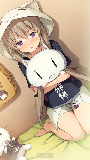 Anime girl with cat hoodie and plushie