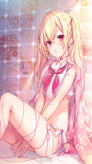 Anime girl with blonde hair and pink ribbons