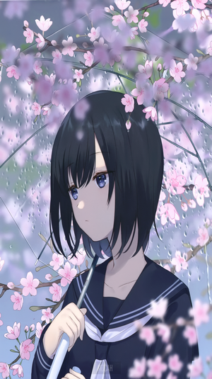 Anime girl in school uniform under cherry blossoms with umbrella