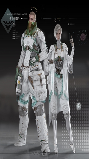 Two futuristic doctors with halos, one male, one female