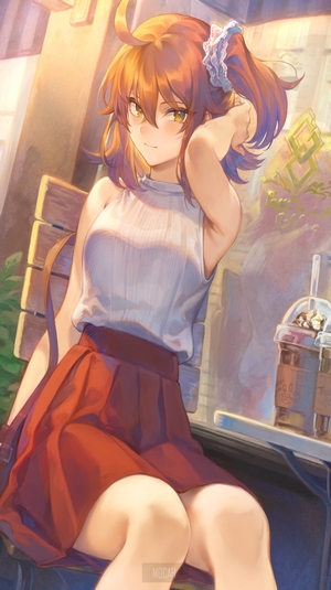Anime girl with orange hair in a white top and red skirt