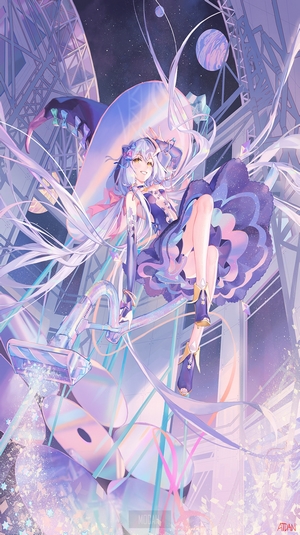 Anime girl with white hair and purple dress