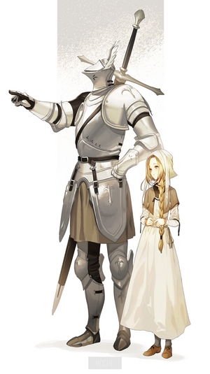 Knight and young girl in white armor and dress