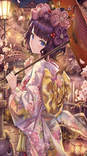 Anime girl in kimono holding umbrella