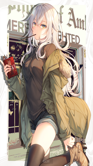 Anime girl eating chocolate stick in front of a shop