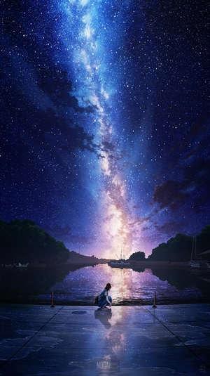 Anime girl by the lake under the Milky Way