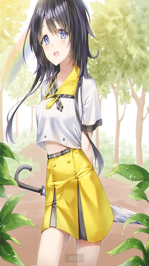 Anime girl with black hair and blue eyes in a yellow skirt