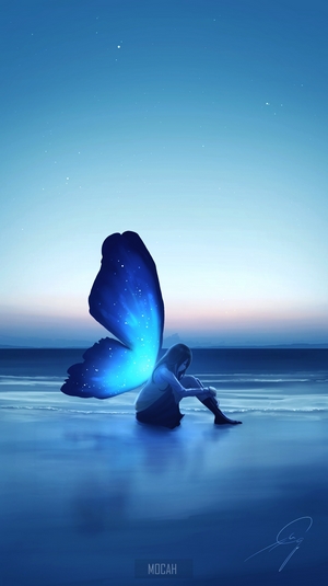 Anime Girl with Glowing Butterfly Wings by the Beach