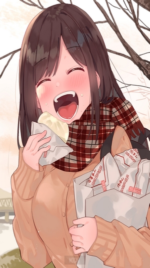 Happy Anime Girl Eating in Winter Scarf