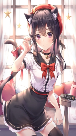 Anime cat girl in school uniform with red bow