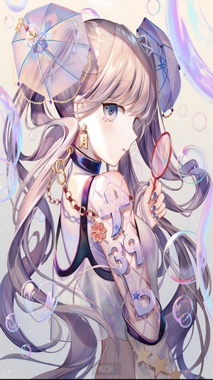 Anime girl with umbrellas in her hair holding a magnifying glass