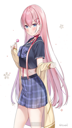 Anime girl with pink hair holding a lollipop