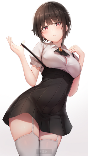 Anime girl with short brown hair and red eyes