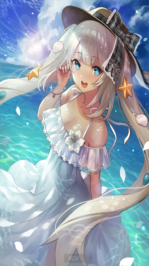 Anime girl in a white dress by the ocean