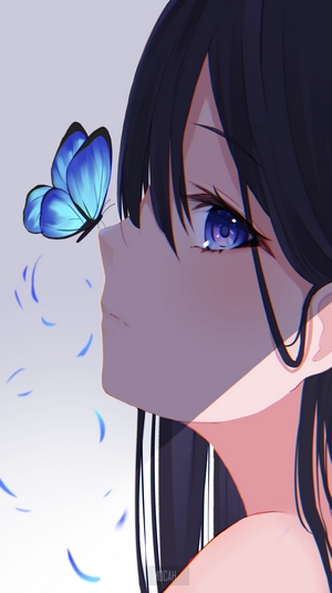 Serene Anime Girl with Blue Butterfly