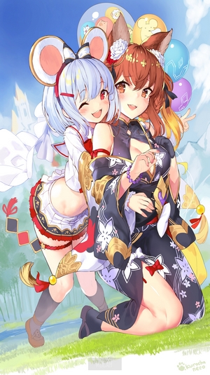 Two anime girls with animal ears and balloons