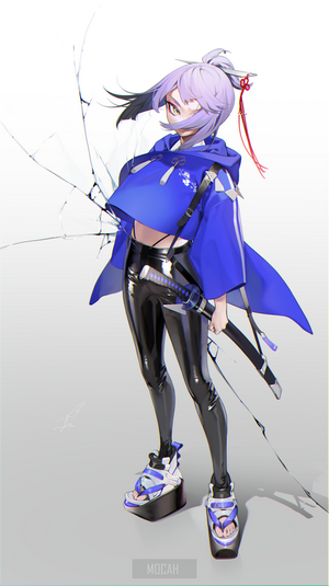 Stylish Anime Girl in Blue Kimono with Sword