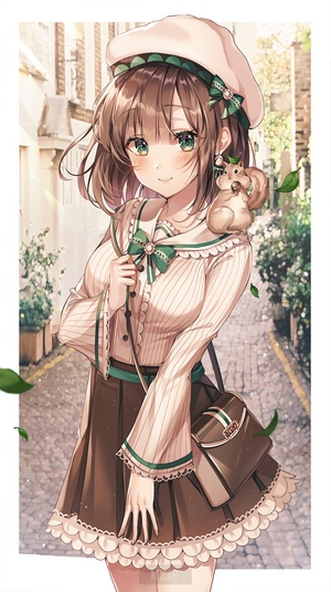 Anime girl with squirrel on shoulder in a street