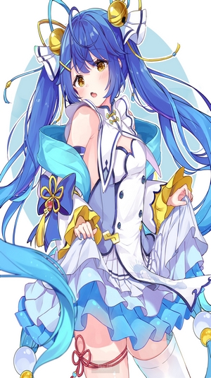 Anime girl with blue hair and ornate outfit