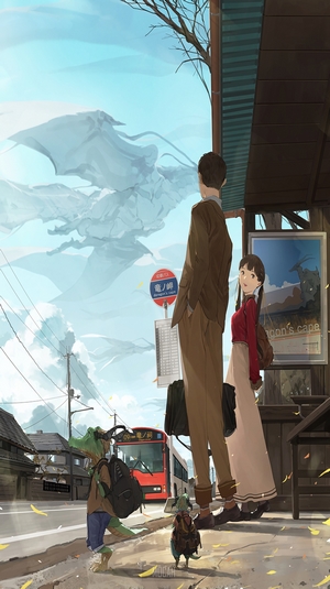 Anime bus stop with dragons in the sky