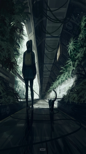 Anime girl with backpack and cat in a dark greenhouse