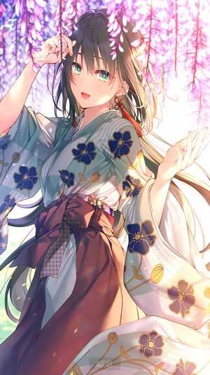 Anime girl in kimono under wisteria