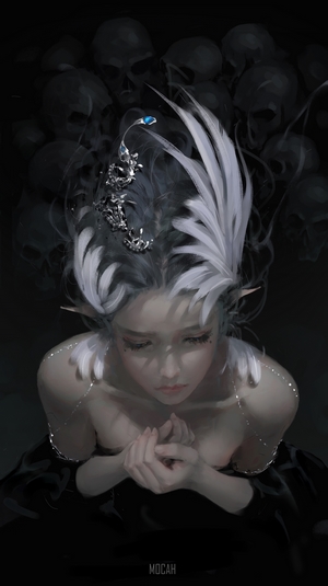 Fantasy girl with skulls and feathers