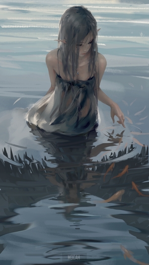 Anime girl with elf ears in water with fish