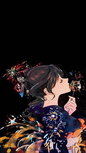 Anime Girl in Kimono with Fireworks