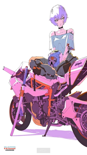 Ayanami Rei from Neon Genesis Evangelion with a motorcycle