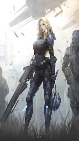 Anime girl in futuristic armor with a rifle