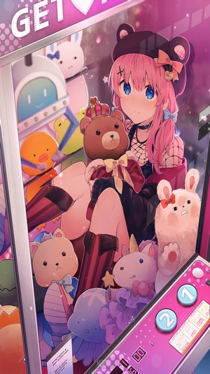 Anime girl with pink hair in a claw machine with plush toys