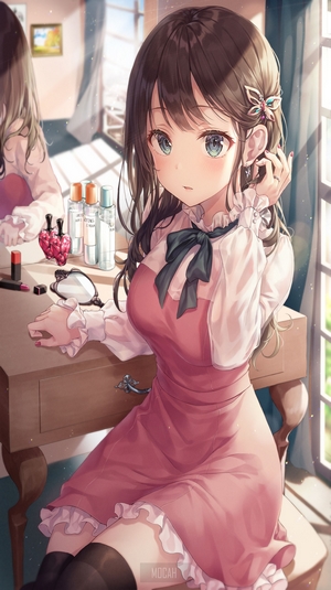 Anime Girl in Pink Dress by Window