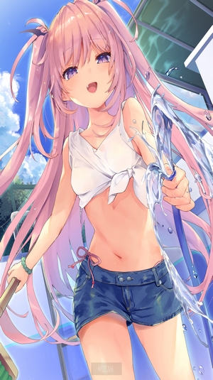 Anime girl with pink hair spraying water