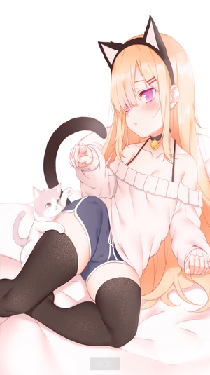 Anime girl with cat ears and a kitten