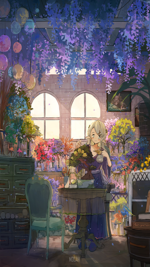 Anime girl watering plants in a flower shop
